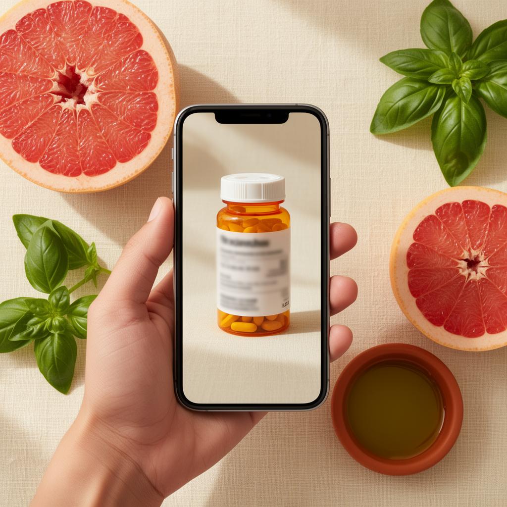 Hand holding a prescription bottle with basil and grapefruit