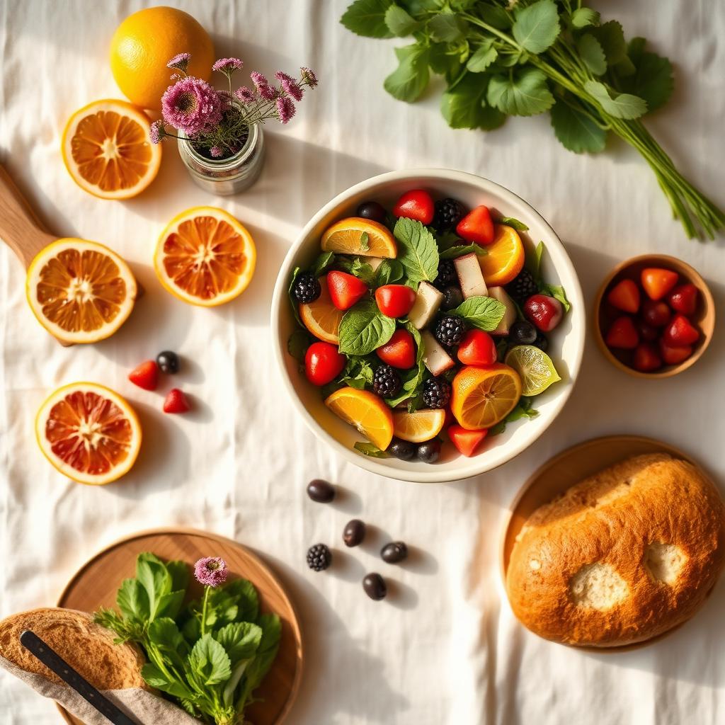 Fresh salad bowl with greens, olives and orange slices