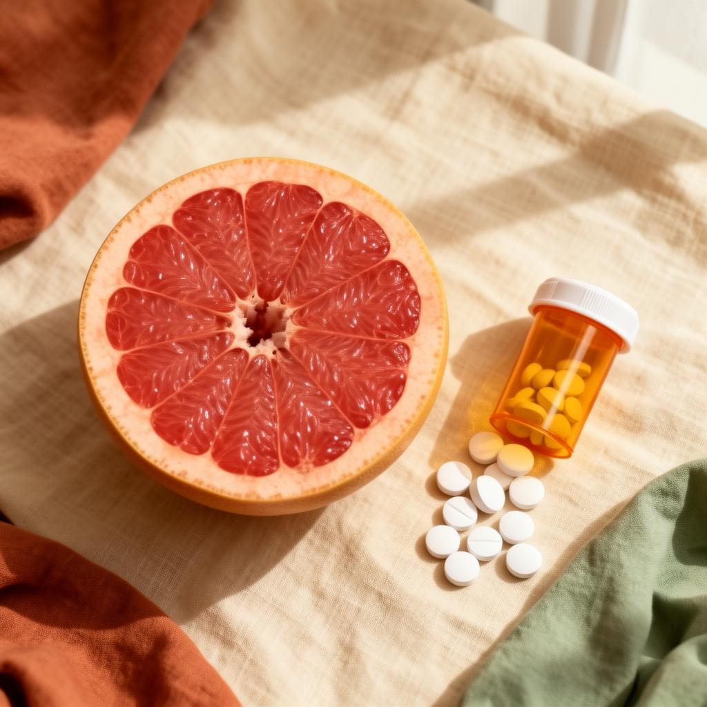Halved grapefruit beside an open pill bottle